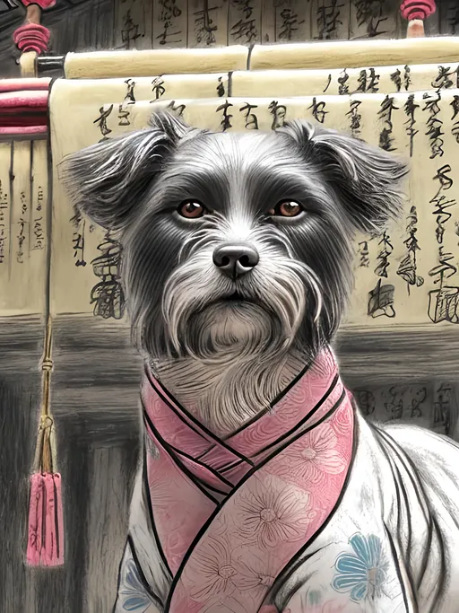 Prompt: chalk pastel style of a  detailed dog in a kimono at a shrine, sketch, detailed background, highres, fun atmosphere, natural lighting,  abstract, fun