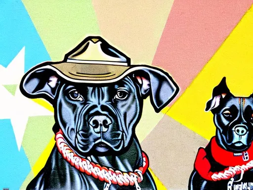 Prompt: mountain cur black dogs in gangster rappers clothing graffiti