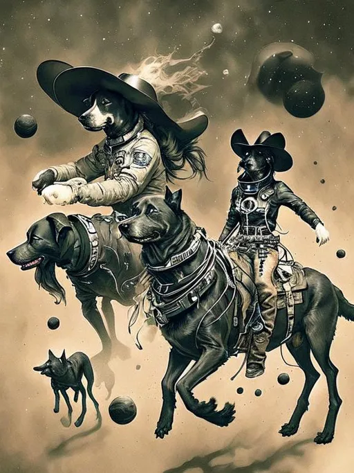 Prompt: Surrealism black dogs in cowboy outfits in space, abstract art style, cowboy hat, eerie atmosphere, floating celestial bodies, mysterious nebulae, dreamlike, surreal, high contrast, otherworldly, abstract, space, astronaut, eerie atmosphere, celestial bodies, dreamlike, surreal, high contrast, mysterious, nebulae, dogs