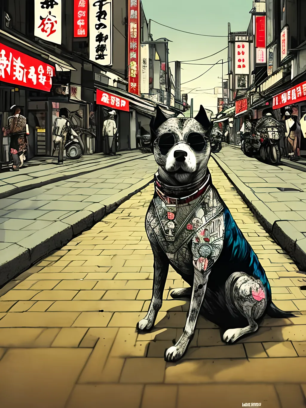 Prompt: pop art chalk pastel style of a detailed gangster dog in the streets in japan during a festival, sketch, detailed background, highres, fun atmosphere, natural lighting,  abstract, fun