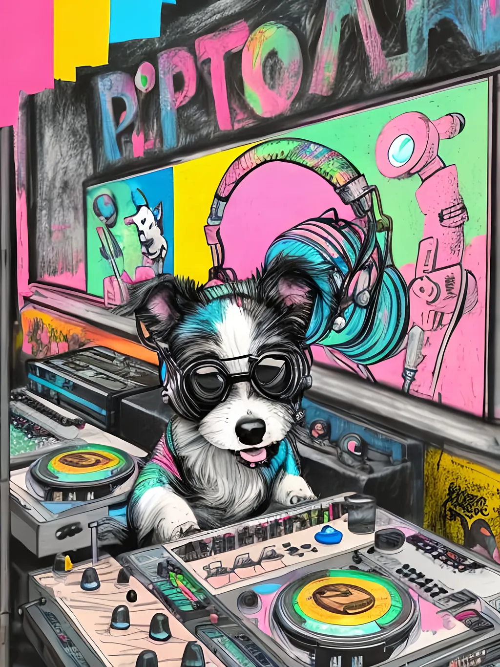 Prompt: pop art chalk pastel art of detailed dog DJing in Japan, sketch, detailed background, highres, fun atmosphere, natural lighting,  abstract, fun