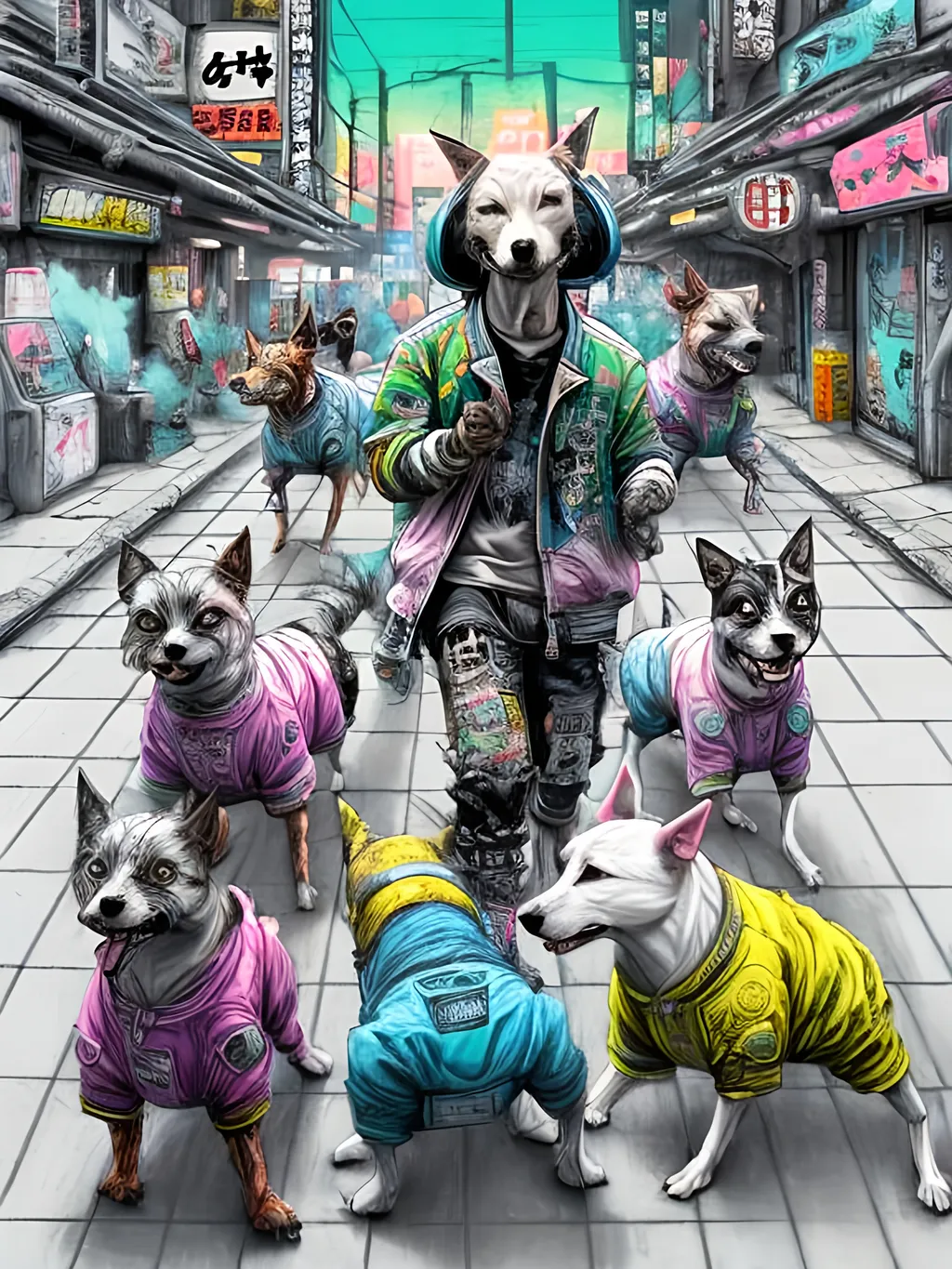 Prompt: pop art chalk pastel art of detailed dogs wearing gangster clothes playing in the streets in cyberpunk japan during a festival, sketch, detailed background, highres, fun atmosphere, natural lighting,  abstract, fun