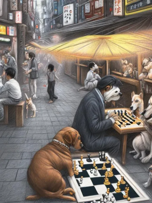 Prompt: chalk pastel art of detailed dog playing chess in the streets in Japan during a festival, sketch, detailed background, highres, fun atmosphere, natural lighting,  abstract, fun