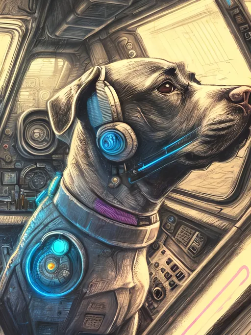 Prompt: chalk pastel style of a  detailed dog in a cyberpunk spaceship, sketch, detailed background, highres, fun atmosphere, natural lighting,  abstract, fun