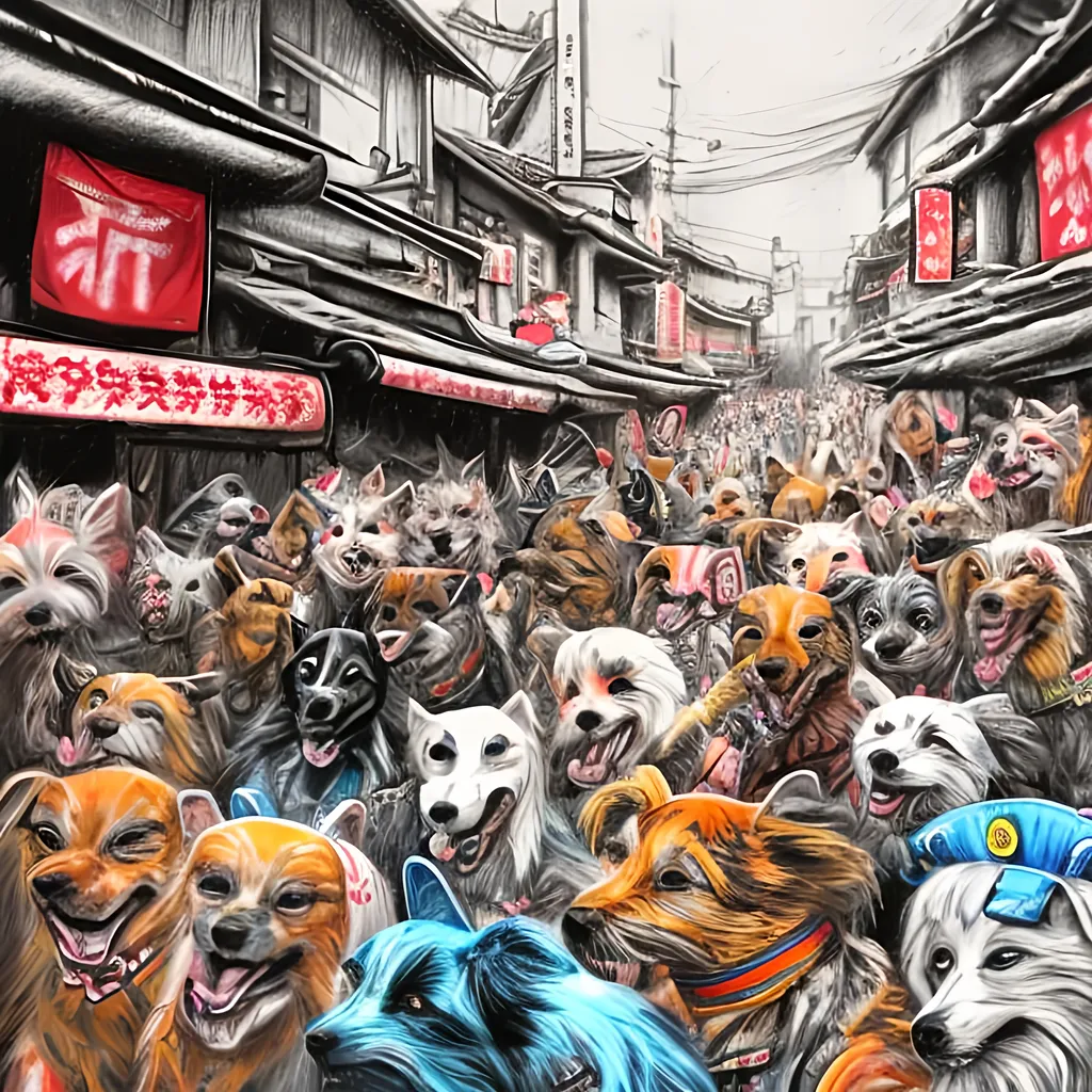 Prompt: pop art chalk pastel art of detailed dogs wearing nazi uniforms playing in the streets in japan during a festival, sketch, detailed background, highres, fun atmosphere, natural lighting,  abstract, fun