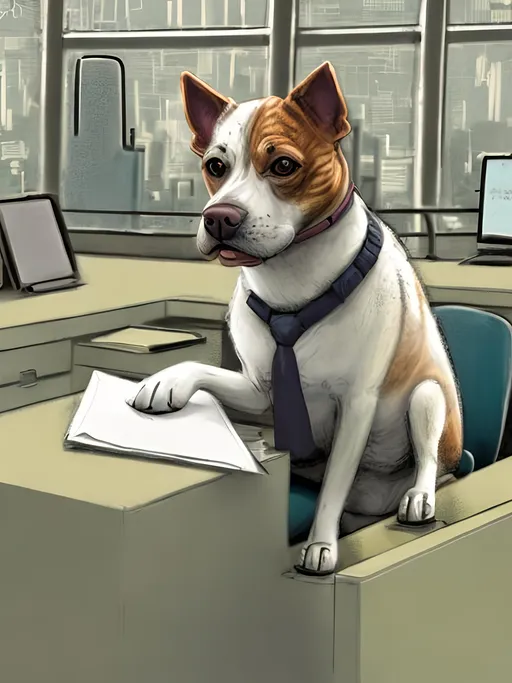 Prompt: chalk pastel style of a  detailed dog typing at a desk in a modern city office, sketch, detailed background, highres, fun atmosphere, natural lighting,  abstract, fun