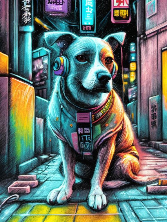 Prompt: pop art chalk pastel art of a detailed dog listening to music on the streets in cyberpunk japan during a festival, sketch, detailed background, highres, fun atmosphere, natural lighting,  abstract, fun