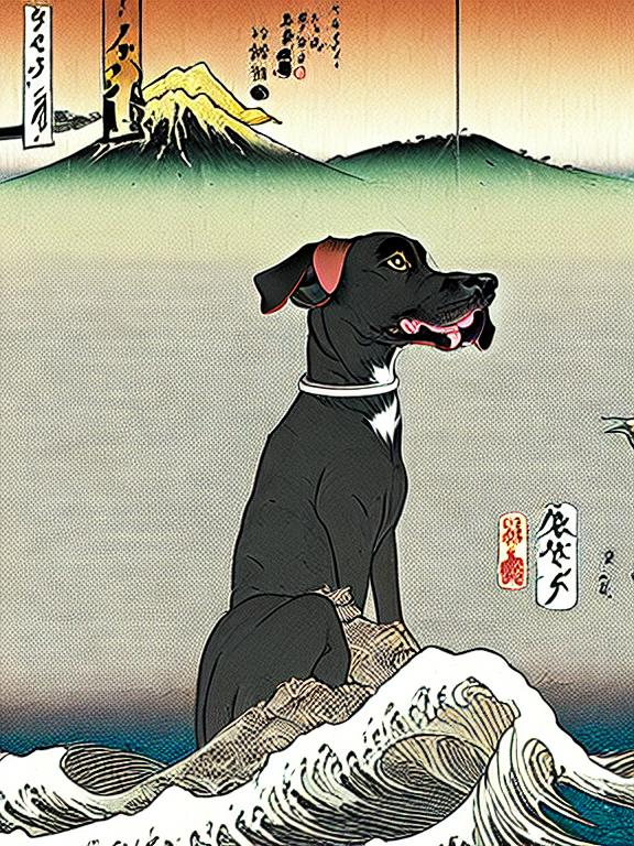 Prompt: black mountain cur dogs pooping in hiroshige wave 