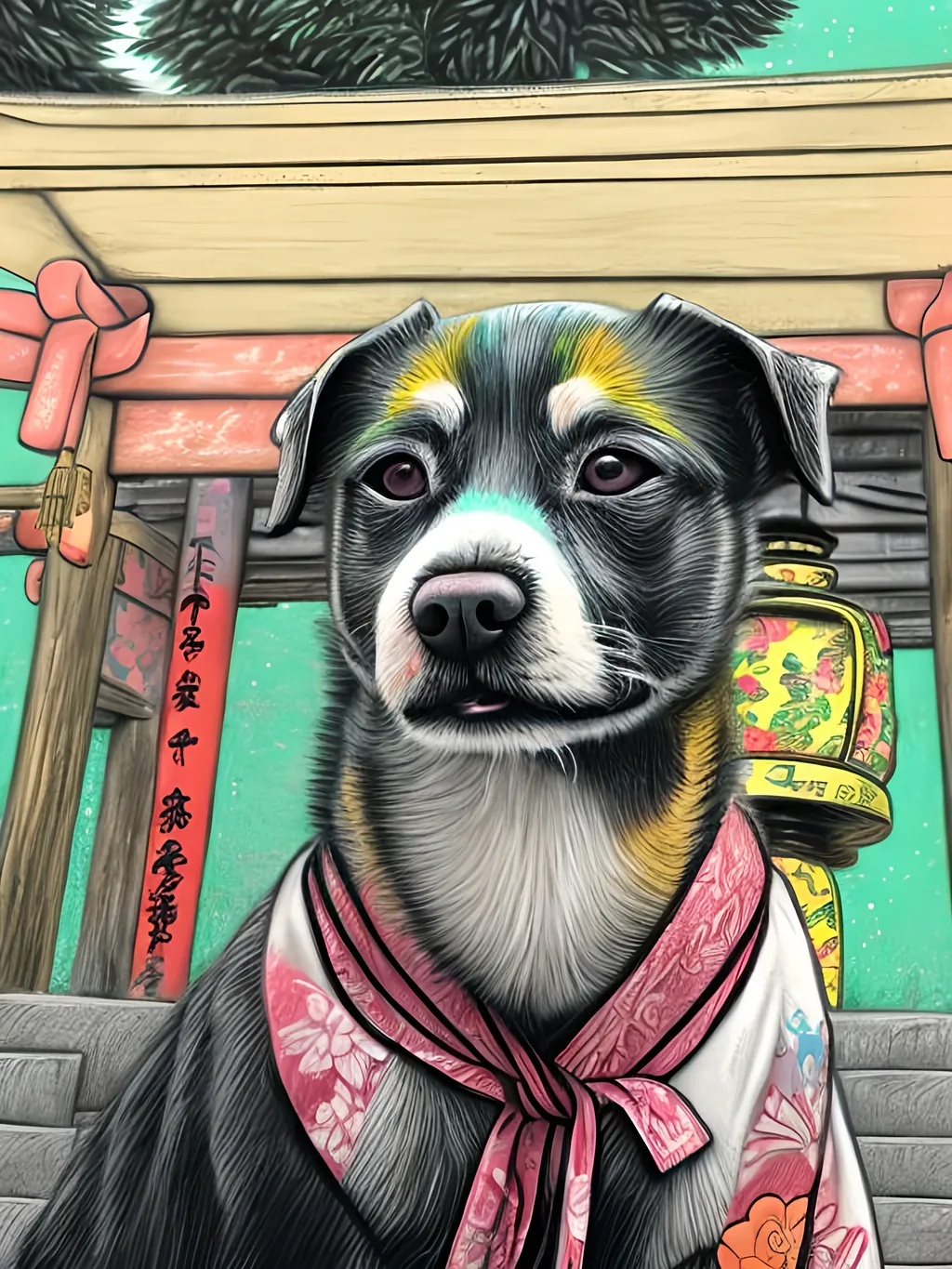 Prompt: pop art chalk pastel style of a  detailed dog in a kimono at a shrine, sketch, detailed background, highres, fun atmosphere, natural lighting,  abstract, fun