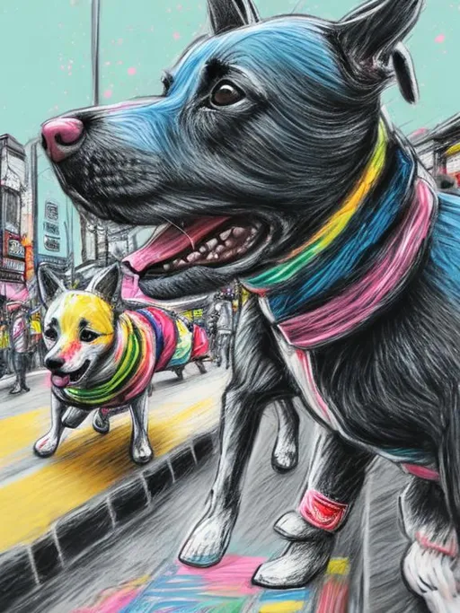 Prompt: pop art chalk pastel art of detailed dogs wearing clothes playing in the streets in japan during a festival, sketch, detailed background, highres, fun atmosphere, natural lighting,  abstract, fun