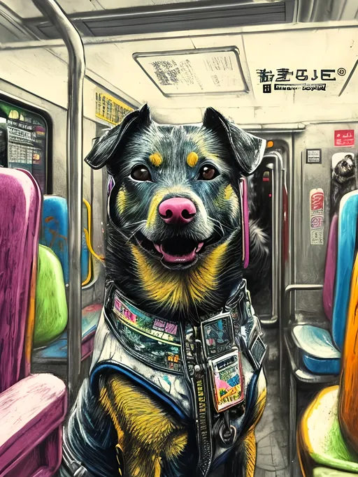 Prompt: pop art chalk pastel art of detailed dog on a train in cyberpunk japan during a festival, sketch, detailed background, highres, fun atmosphere, natural lighting,  abstract, fun