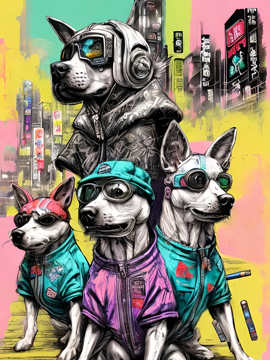 Prompt: pop art chalk pastel art of detailed dogs wearing gangster clothes playing in the streets in cyberpunk japan during a festival, sketch, detailed background, highres, fun atmosphere, natural lighting,  abstract, fun