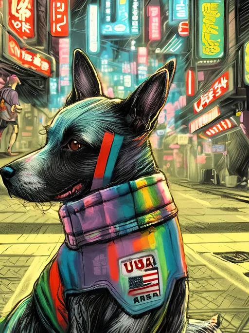 Prompt: pop art chalk pastel art of detailed dog wearing USA clothes playing in the streets in cyberpunk japan during a festival, sketch, detailed background, highres, fun atmosphere, natural lighting,  abstract, fun