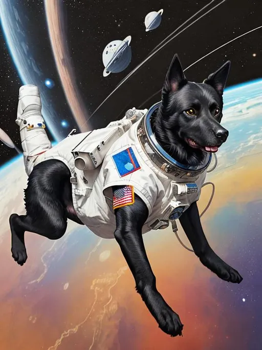 Prompt: abstract style art of black dogs in space in astronaut outfits