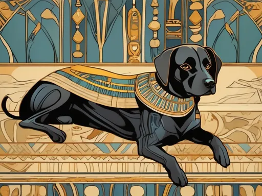 Prompt: Art Nouveau style black dog in egyptian clothing