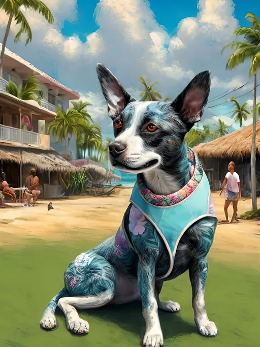 Prompt: chalk pastel style of a  detailed dog getting its hair braided in a Hawaiian shirt in Jamaica, sketch, detailed background, highres, fun atmosphere, natural lighting,  abstract, fun