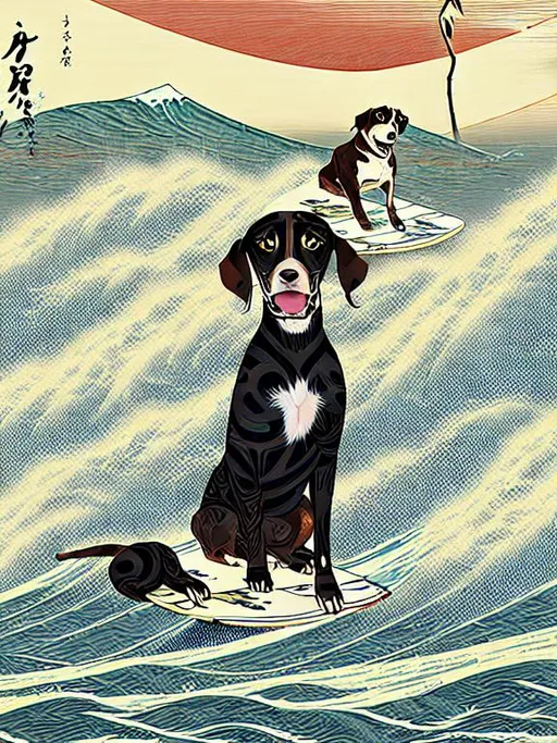 Prompt: black mountain cur dogs surfing in hiroshige wave 