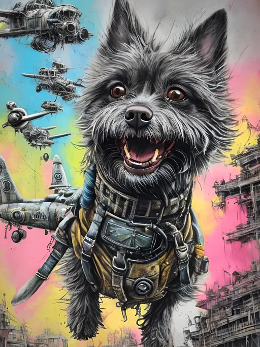 Prompt: Detailed happy dog flying, post-apocalyptic Japan festival, sketch, chalk pastel, detailed planes, grunge, highres, abstract, natural lighting, lively atmosphere, fun, vibrant, happy-go-lucky, detailed dogs, detailed eyes, detailed fur, festive, flying, post-apocalyptic, Japan, sketch art, chalk pastel, detailed background, grunge style, abstract art, high quality, natural lighting