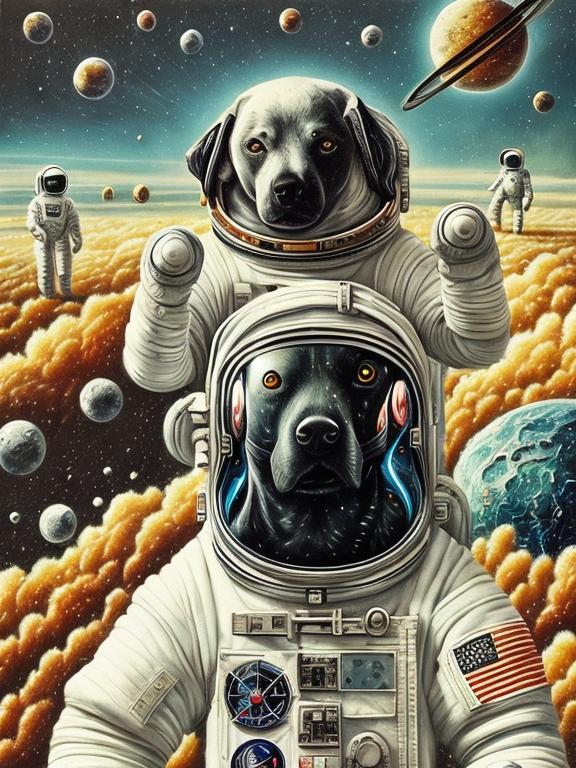 Prompt: Surrealism art, black dogs in astronaut outfits, space background, surrealistic, abstract, detailed fur, cosmic colors, dreamlike atmosphere, high quality, surrealism, astronaut dogs, abstract art, cosmic, detailed, surreal colors, space setting, dreamy lighting