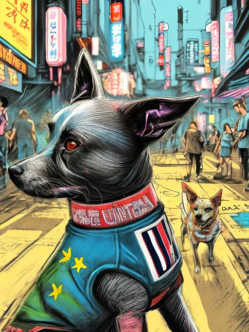 Prompt: pop art chalk pastel art of detailed dog wearing USA clothes playing in the streets in cyberpunk japan during a festival, sketch, detailed background, highres, fun atmosphere, natural lighting,  abstract, fun