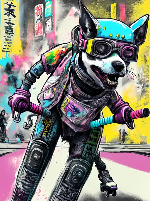 Prompt: pop art chalk pastel art of detailed dog playing roller derby in cyberpunk japan during a festival, sketch, detailed background, highres, fun atmosphere, natural lighting,  abstract, fun