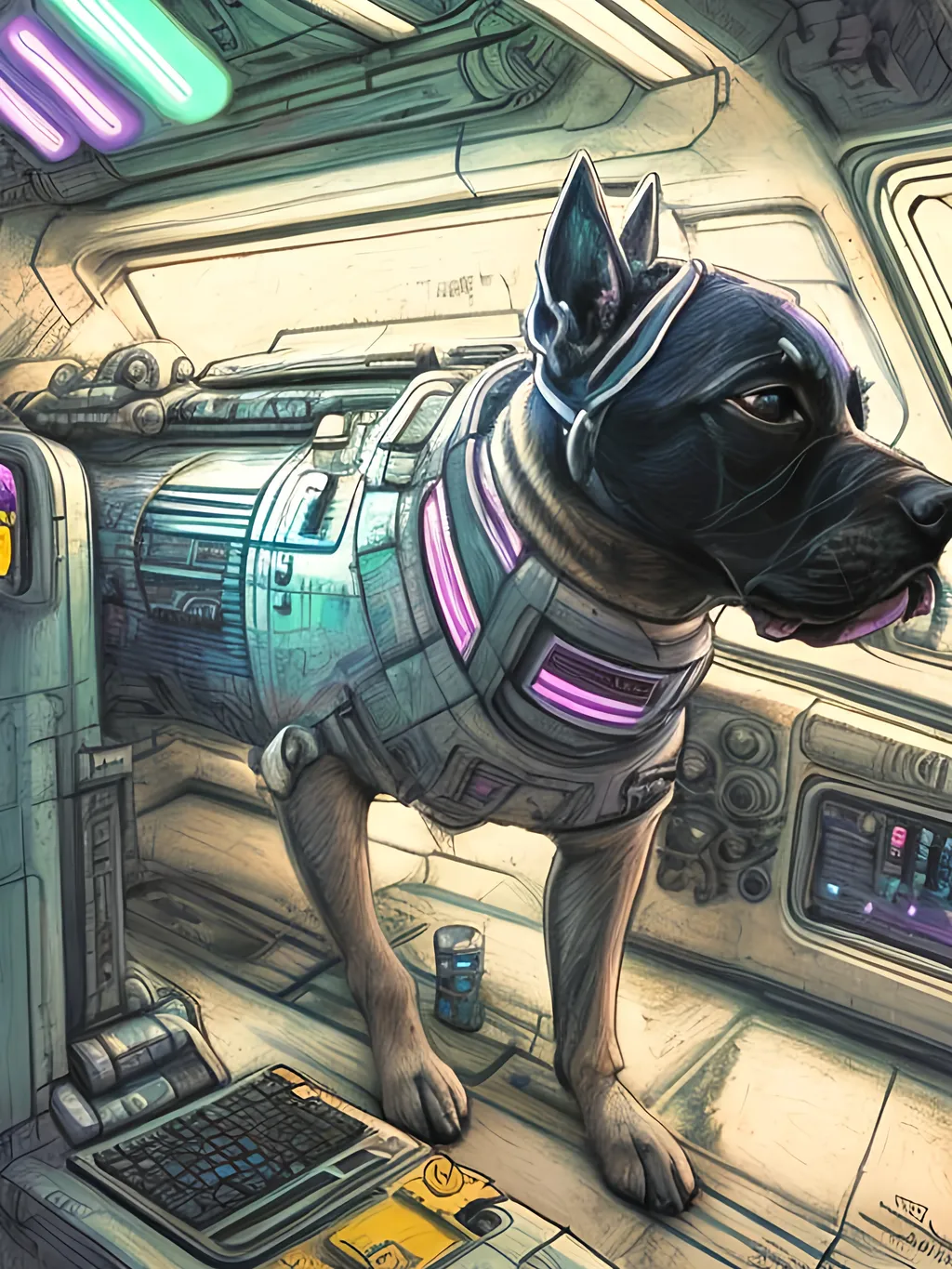 Prompt: chalk pastel style of a  detailed dog in a cyberpunk spaceship, sketch, detailed background, highres, fun atmosphere, natural lighting,  abstract, fun