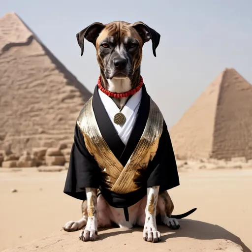 Prompt: black mountain cur dog dressed as yakuza in egypt