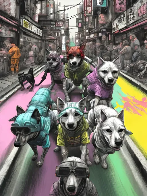 Prompt: pop art chalk pastel art of detailed dogs wearing gangster clothes playing in the streets in cyberpunk japan during a festival, sketch, detailed background, highres, fun atmosphere, natural lighting,  abstract, fun