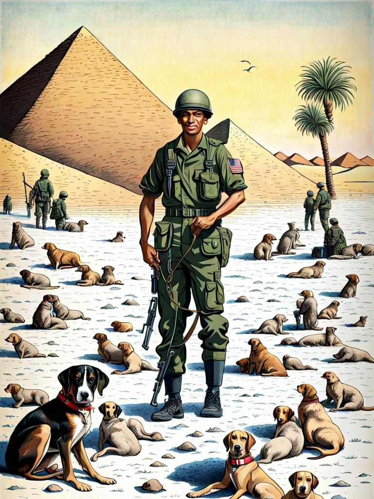 Prompt: black mountain cur dog in military gear in egypt 80s poster