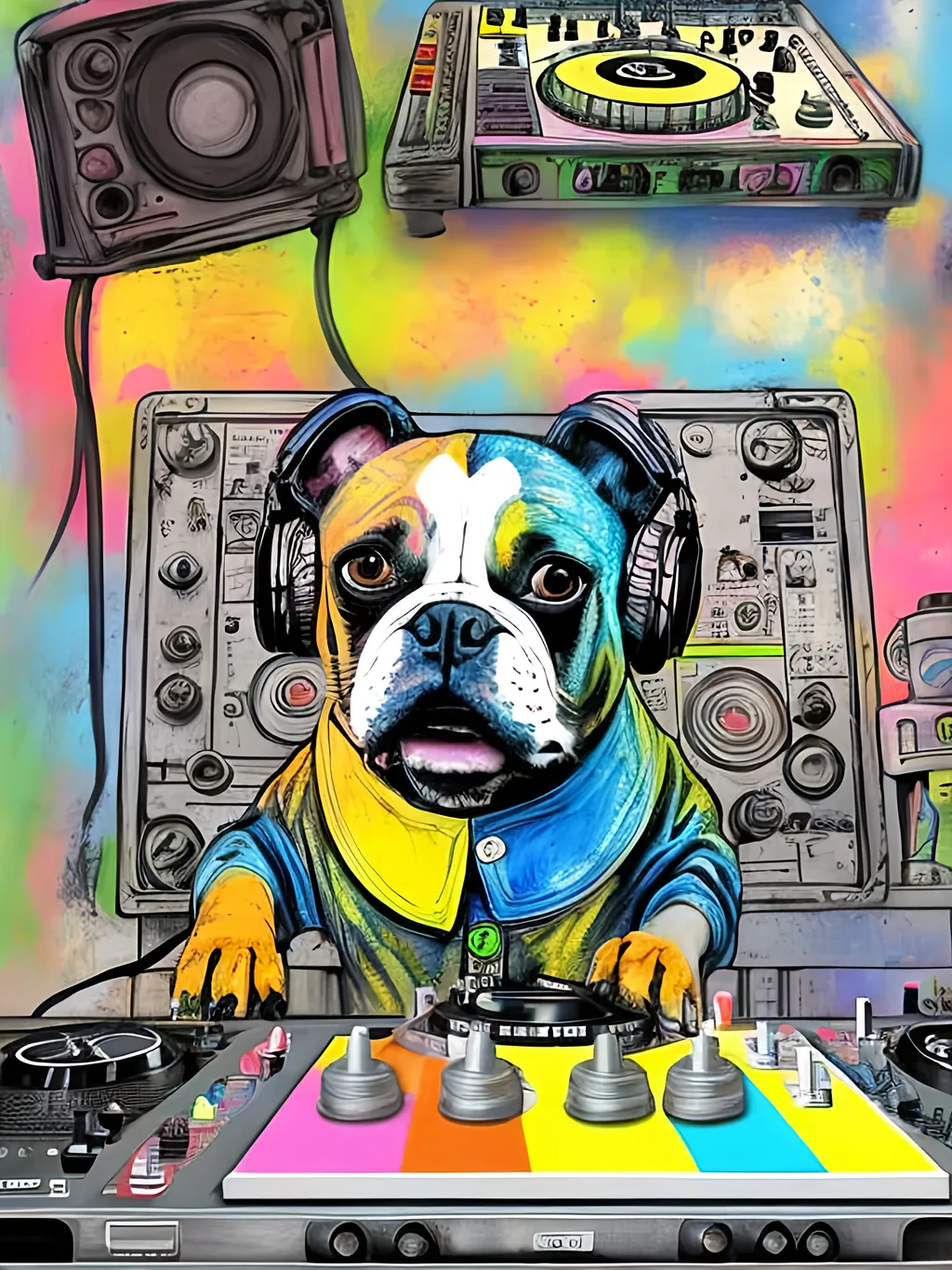 Prompt: pop art chalk pastel art of detailed dog DJing in Japan, sketch, detailed background, highres, fun atmosphere, natural lighting,  abstract, fun