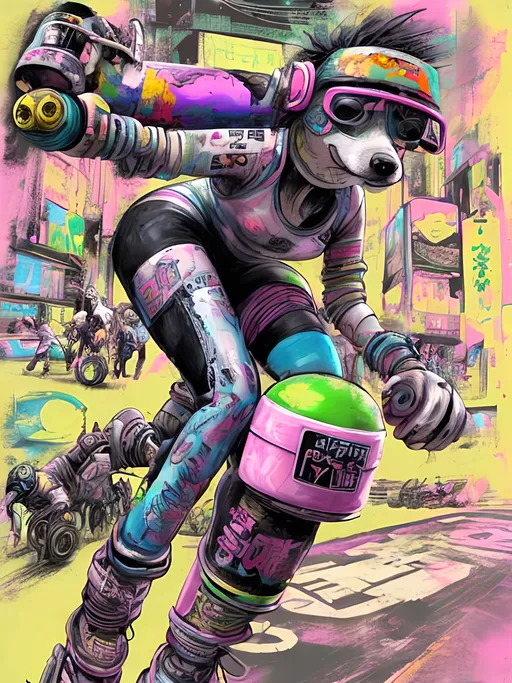 Prompt: pop art chalk pastel art of detailed dog playing roller derby in cyberpunk japan during a festival, sketch, detailed background, highres, fun atmosphere, natural lighting,  abstract, fun