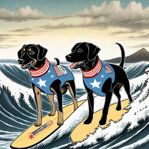 Prompt: black mountain cur dogs surfing in hiroshige wave wearing pro trump clothes