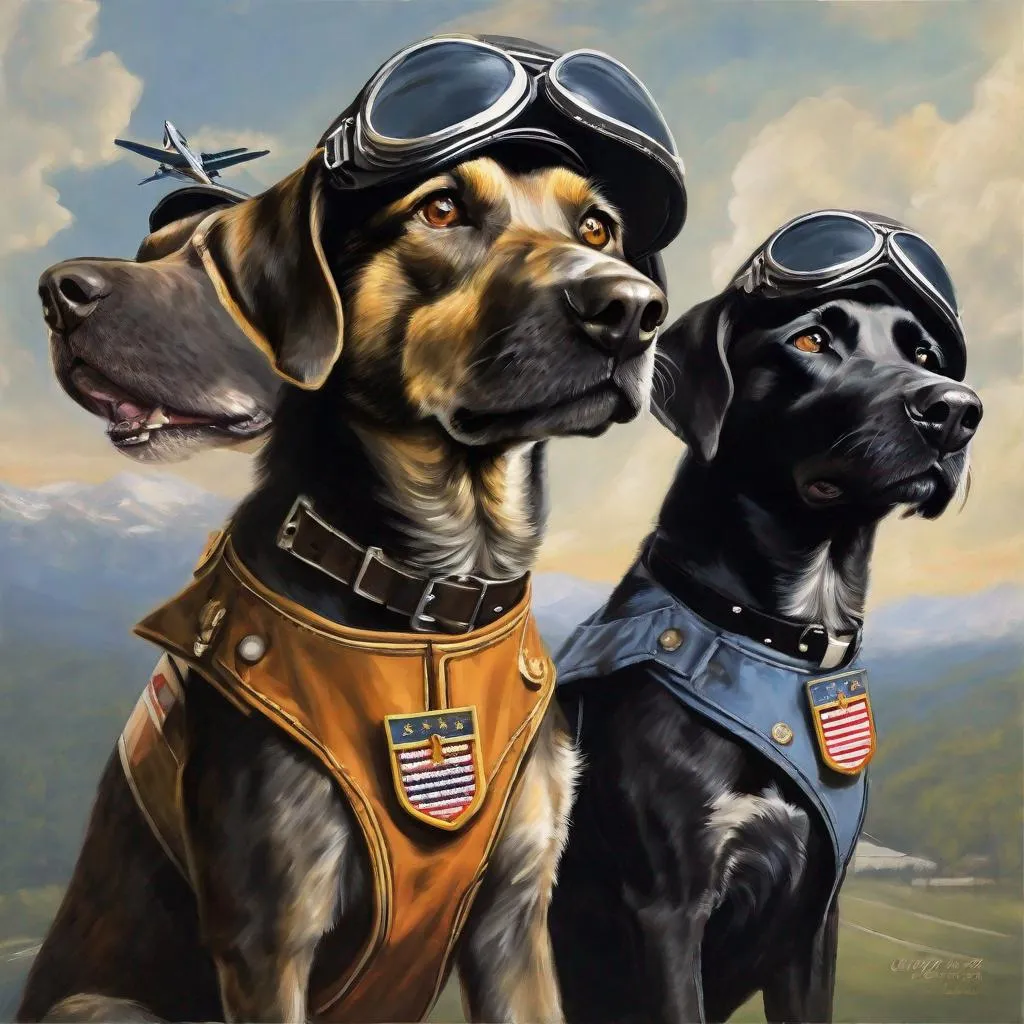 Prompt: mountain cur black dogs in pilots uniform art