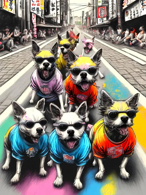 Prompt: pop art chalk pastel art of detailed dogs wearing gangster clothes playing in the streets in japan during a festival, sketch, detailed background, highres, fun atmosphere, natural lighting,  abstract, fun