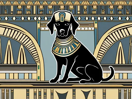 Prompt: black dog in egyptian clothing Art Nouveau style 