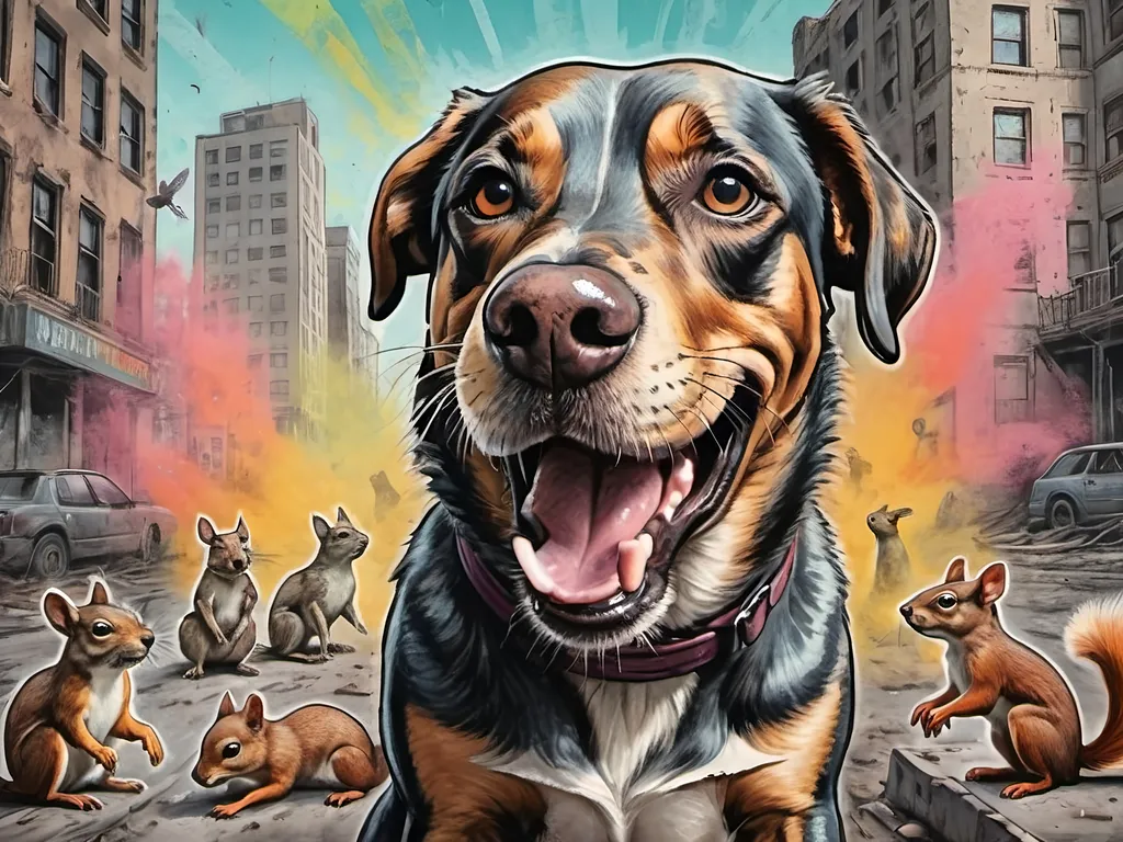 Prompt: pop art chalk pastel, a detailed happy dog being overwhelmed by squirrels, detailed background of a post-apocalyptic city, sketch, grunge, highres, abstract art