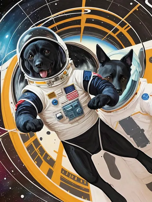 Prompt: abstract style art of black dogs in space in astronaut outfits