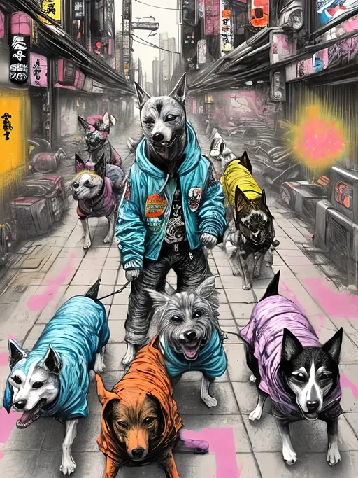 Prompt: pop art chalk pastel art of detailed dogs wearing gangster clothes playing in the streets in cyberpunk japan during a festival, sketch, detailed background, highres, fun atmosphere, natural lighting,  abstract, fun