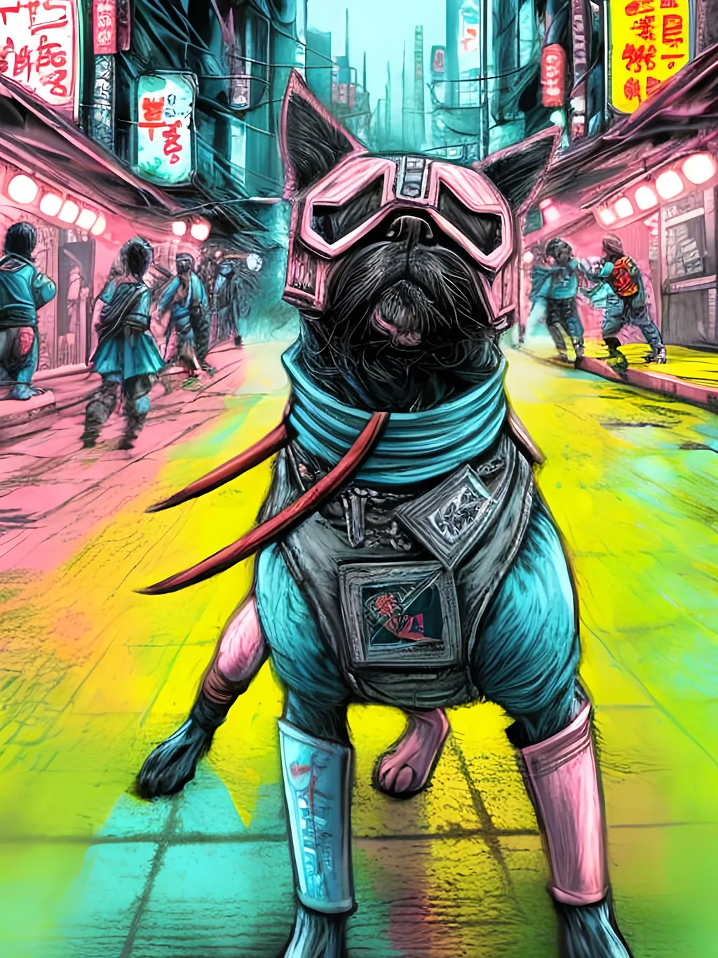 Prompt: pop art chalk pastel art of detailed dog wearing ninja clothes playing in the streets in cyberpunk japan during a festival, sketch, detailed background, highres, fun atmosphere, natural lighting,  abstract, fun