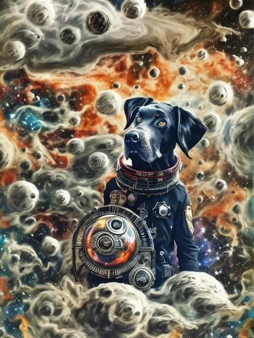 Prompt: Surrealism black dogs in gangster outfits in space, abstract art style, cowboy hat, fun atmosphere, floating celestial bodies, mysterious nebulae, dreamlike, surreal, high contrast, otherworldly, abstract, space, astronaut, fun atmosphere, celestial bodies, dreamlike, surreal, high contrast, mysterious, nebulae, dogs, usa, patriotic, trump