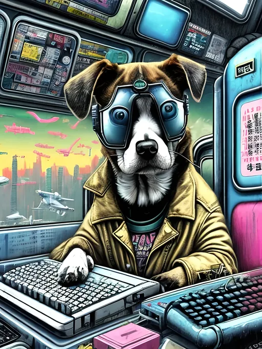 Prompt: pop art chalk pastel art of a detailed dog hacking a computer on the subway train in cyberpunk japan with planes in the background, sketch, detailed background, highres, fun atmosphere, natural lighting,  abstract, fun