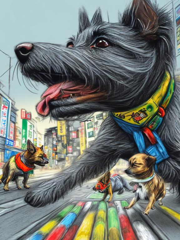 Prompt: pop art chalk pastel art of detailed dogs wearing clothes playing in the streets in japan during a festival, sketch, detailed background, highres, fun atmosphere, natural lighting,  abstract, fun