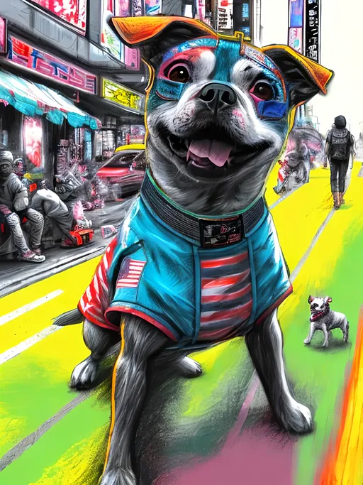 Prompt: pop art chalk pastel art of detailed dog wearing usa clothes playing in the streets in cyberpunk japan during a festival, sketch, detailed background, highres, fun atmosphere, natural lighting,  abstract, fun
