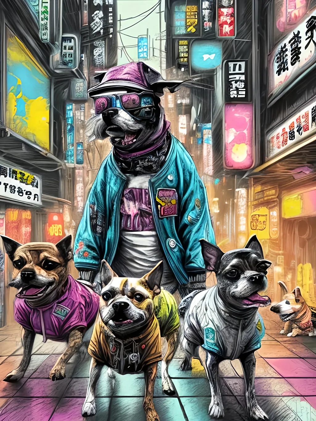 Prompt: pop art chalk pastel art of detailed dogs wearing gangster clothes playing in the streets in cyberpunk japan during a festival, sketch, detailed background, highres, fun atmosphere, natural lighting,  abstract, fun