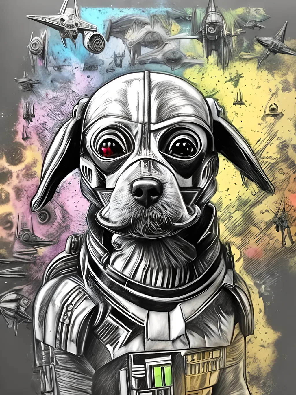 Prompt: pop art chalk pastel style art of detailed dog in star wars, sketch, detailed background, highres, fun atmosphere, natural lighting,  abstract, fun