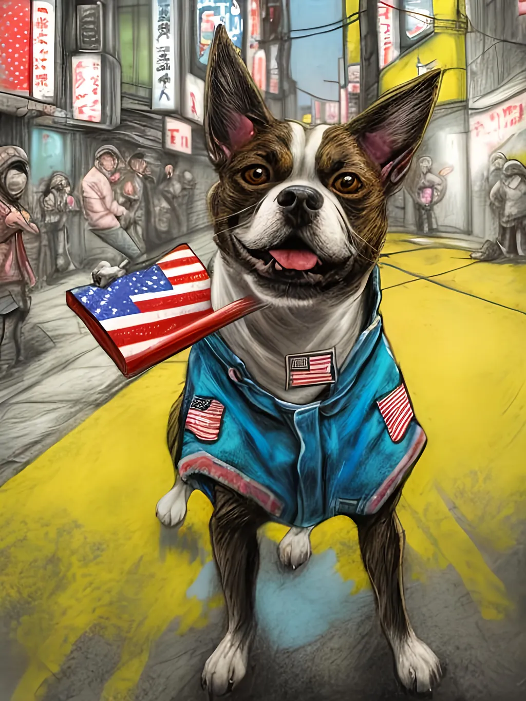 Prompt: pop art chalk pastel art of detailed dog wearing usa clothes playing in the streets in dystopian japan during a festival, sketch, detailed background, highres, fun atmosphere, natural lighting,  abstract, fun