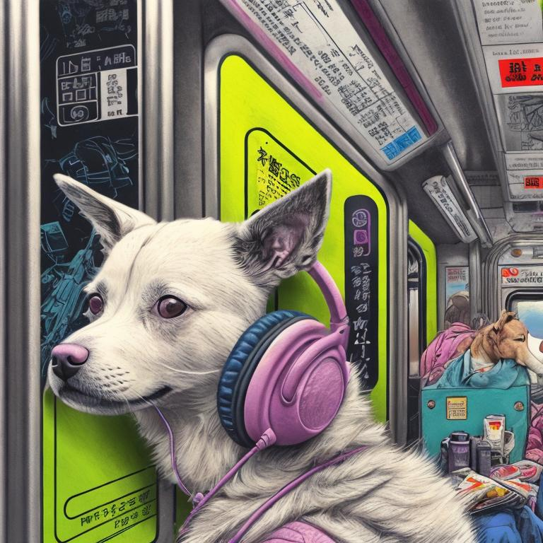 Prompt: pop art chalk pastel art of a detailed dog listening to music on the subway train in cyberpunk japan with planes in the background, sketch, detailed background, highres, fun atmosphere, natural lighting,  abstract, fun