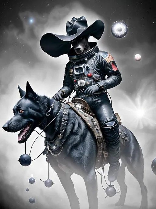 Prompt: Surrealism black dogs in cowboy outfits in space, abstract art style, cowboy hat, eerie atmosphere, floating celestial bodies, mysterious nebulae, dreamlike, surreal, high contrast, otherworldly, abstract, space, astronaut, eerie atmosphere, celestial bodies, dreamlike, surreal, high contrast, mysterious, nebulae, dogs