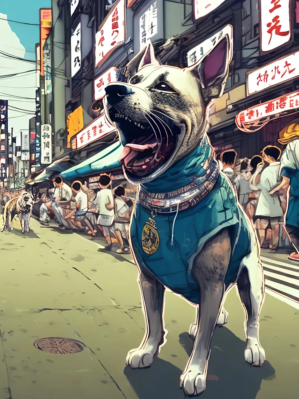 Prompt: chalk pastel style of a detailed dog rapping in the streets in japan during a festival, sketch, detailed background, highres, fun atmosphere, natural lighting,  abstract, fun