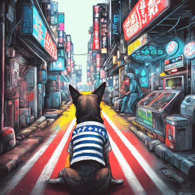 Prompt: pop art chalk pastel art of detailed dog wearing USA clothes playing in the streets in cyberpunk japan during a festival, sketch, detailed background, highres, fun atmosphere, natural lighting,  abstract, fun